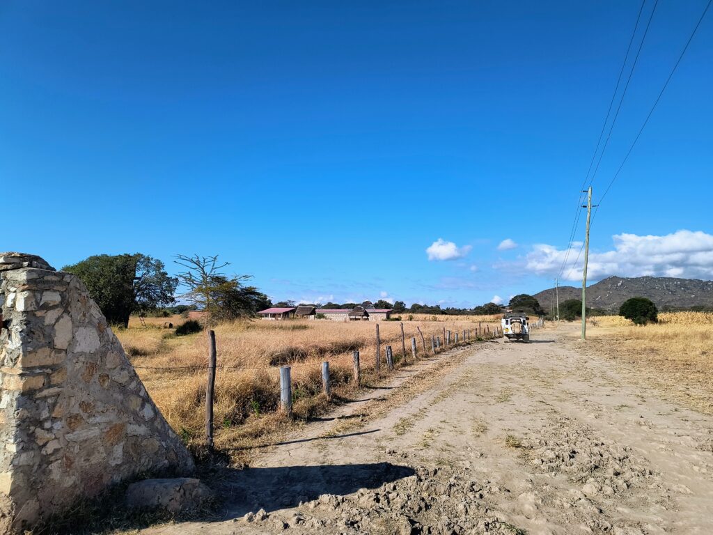 The farm track leading to Mark's Farm & Lodge with the mountains behind
