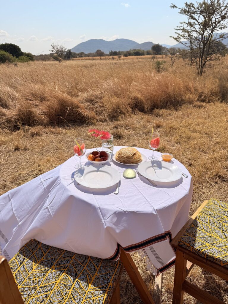 Bush breakfast table with a white cloth and fresh drinks laid out in the grassland