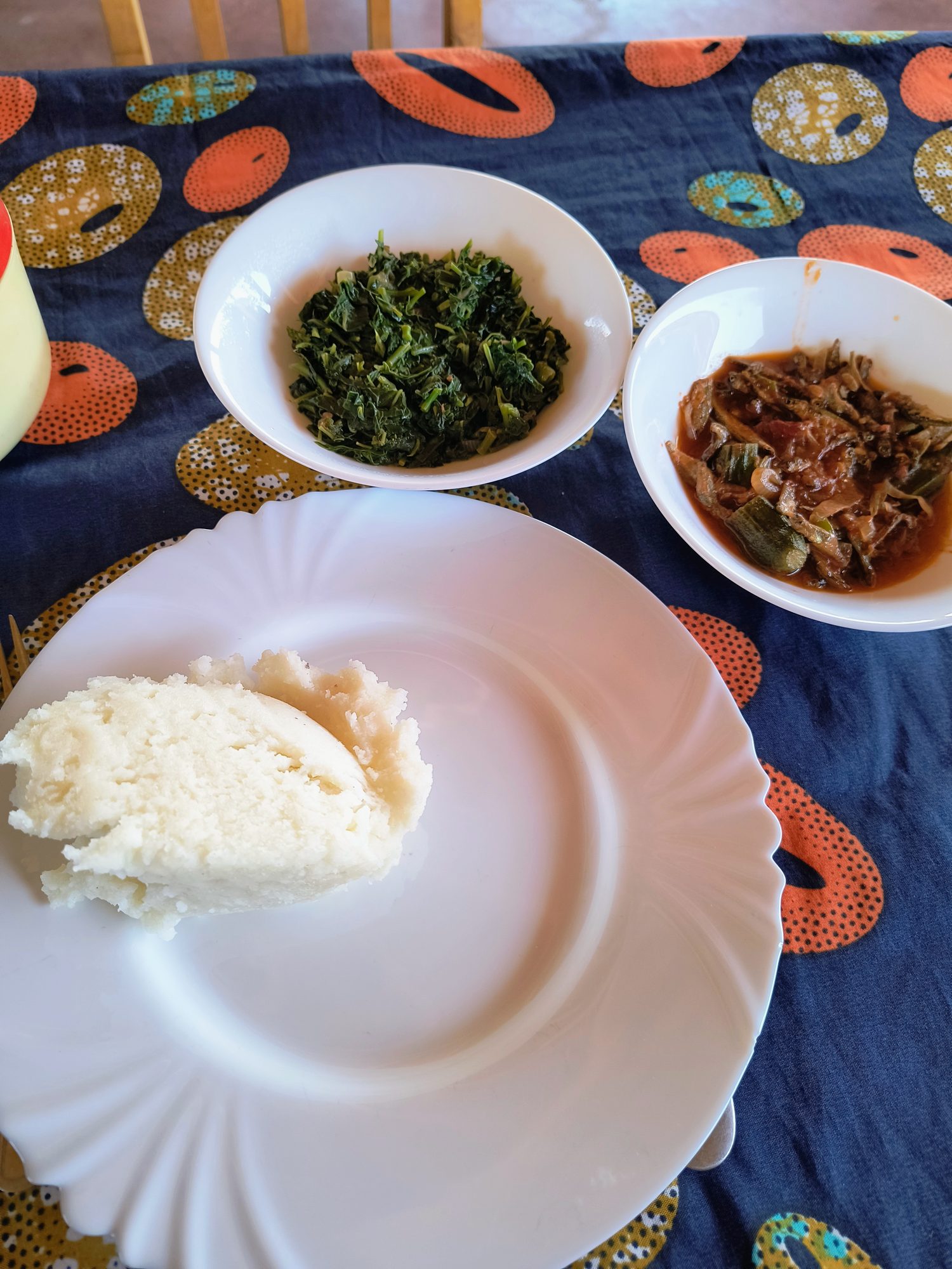 Local Tanzanian meal with rice and greens cooked fresh on the farm