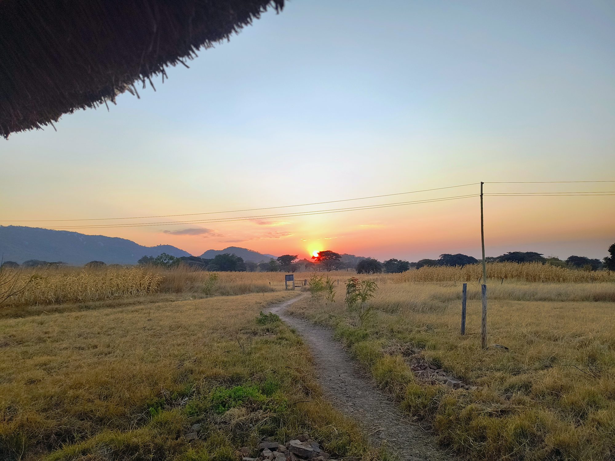 Sunset over the farm seen from the terrace, with a footpath through the grass